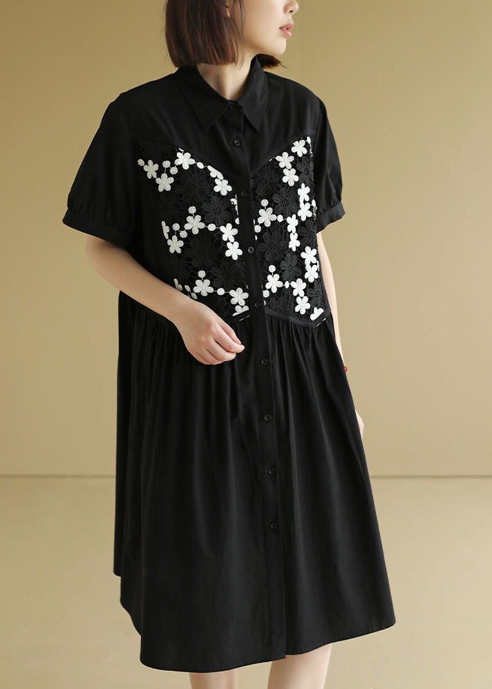 Black Button Peter Pan Collar Embroideried Cotton Shirt Pleated Dress Short Sleeve
