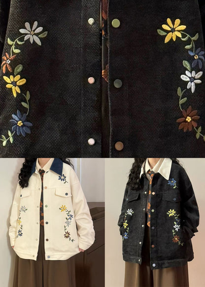 Black Embroidered Button Patchwork Cotton Coats Peter Pan Collar