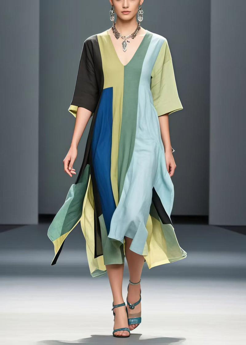 Art Asymmetrical Patchwork Side Open Cotton Long Dresses Summer