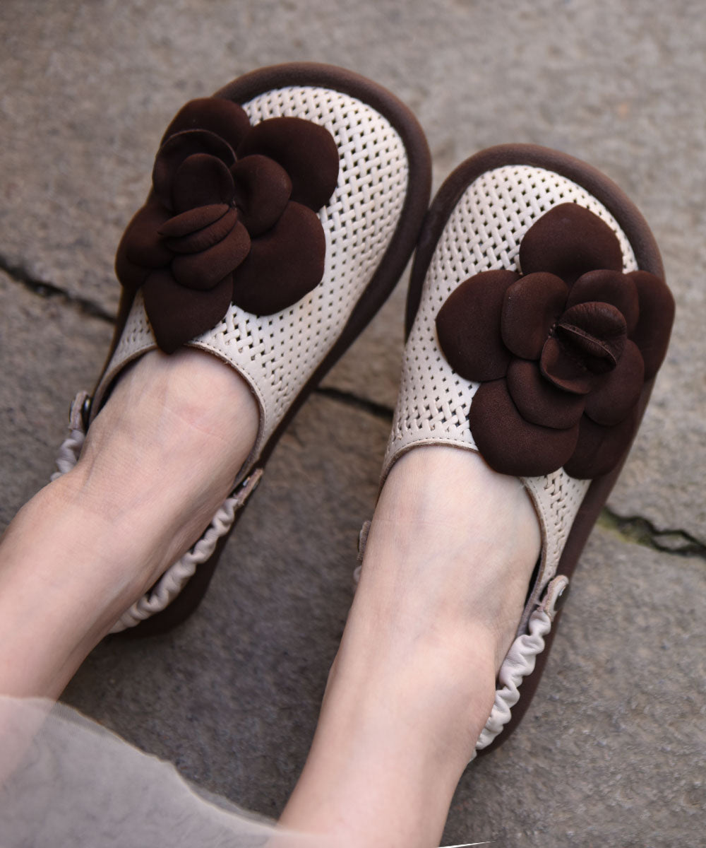 Green Cowhide Leather Comfy Flat Sandals Hollow Out