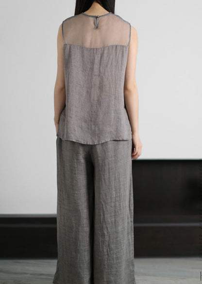 Grey Embroideried Hollow Out Tulle Patchwork Linen Two Piece Suit Set Sleeveless