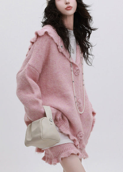 Pink Ruffled Patchwork Cotton Knit Hooded Cardigan and Skirts Two Piece Set Spring
