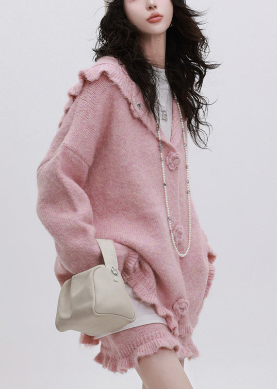 Pink Ruffled Patchwork Cotton Knit Hooded Cardigan and Skirts Two Piece Set Fall