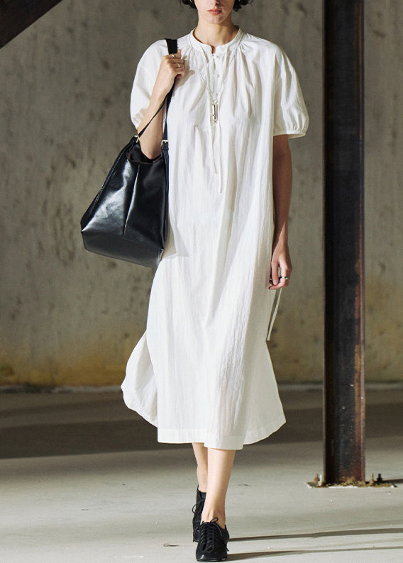 Handmade White O-neck Cinched Loose Cotton Long Dresses Summer
