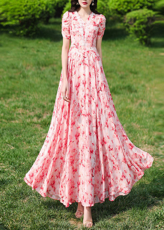 Pink V Neck Print Wrinkled Chiffon Long Dresses Summer