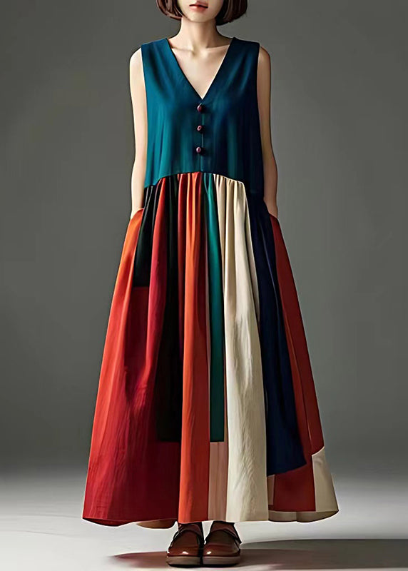 Peacock Green V Neck Patchwork Cotton Long Dress Sleeveless