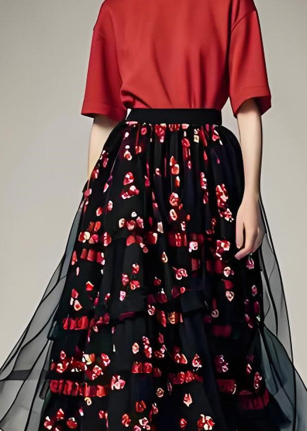 Fine O Neck Cotton Tops and Chiffon Skirts Two Pieces Set Summer