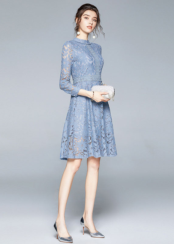 Handmade Blue Stand Collar Lace Cinch Dresses Bracelet Sleeve