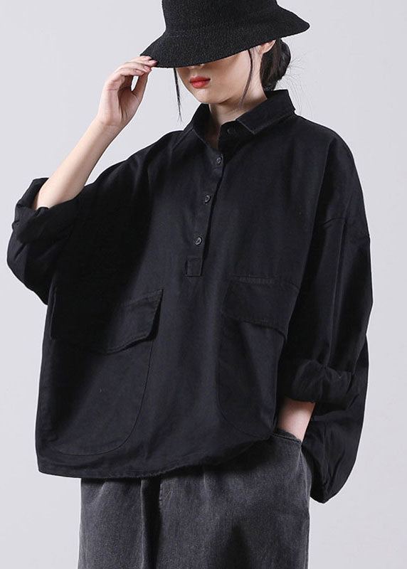 Style Black Peterpan Collar Pockets Button Fall Shirts Long Sleeve
