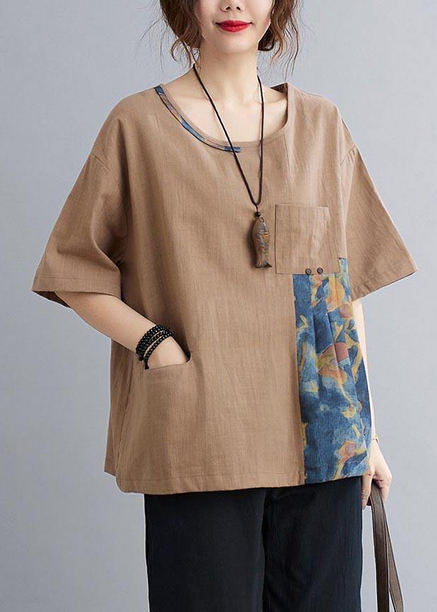Khaki Patchwork Pockets Cotton Linen Shirt Summer
