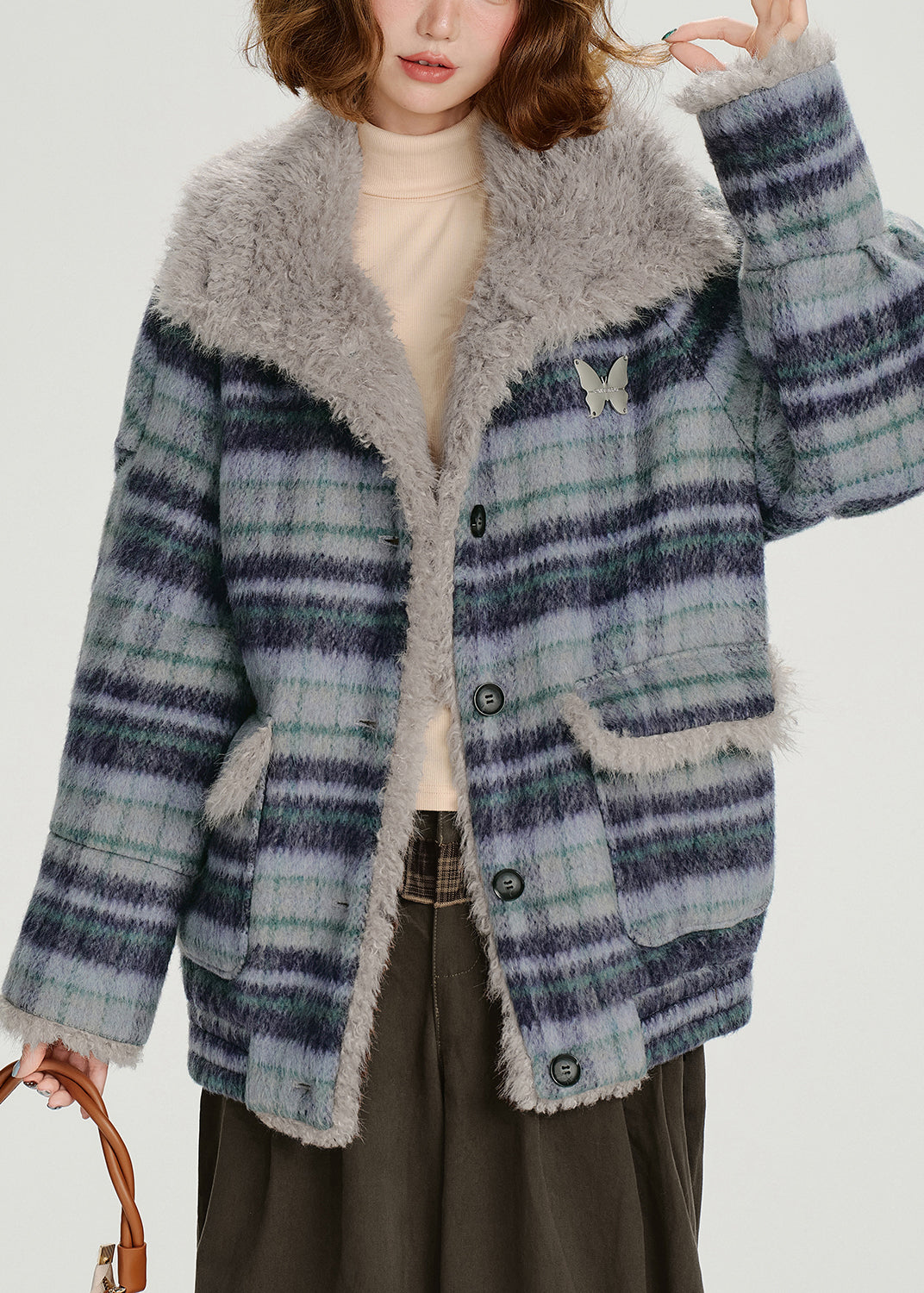 Blue Pockets Plaid Warm Fleece Coat Outwear Winter