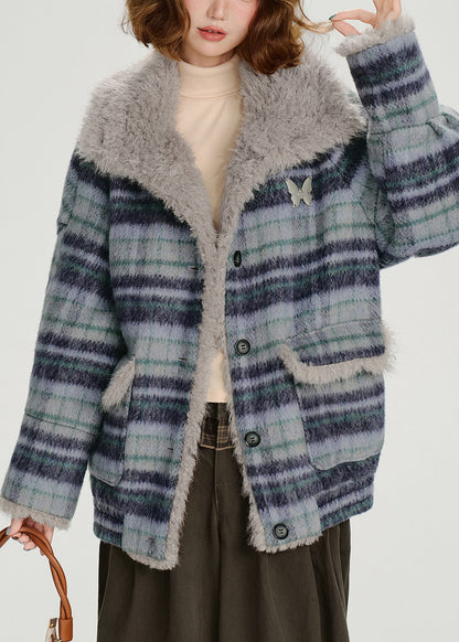Blue Pockets Plaid Warm Fleece Coat Outwear Winter
