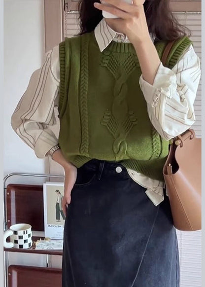 Green O Neck Patchwork Cozy Cotton Knit Waistcoat Sleeveless