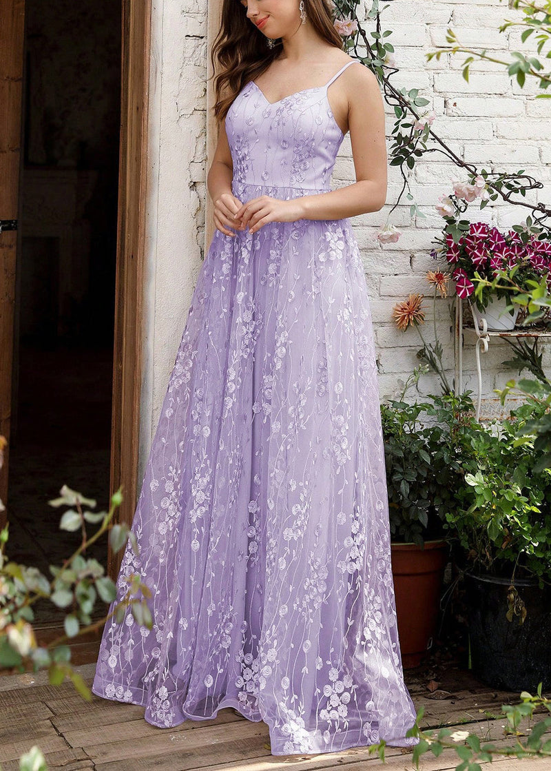 Purple Embroidered Backless Tulle Spaghetti Strap Dress Sleeveless