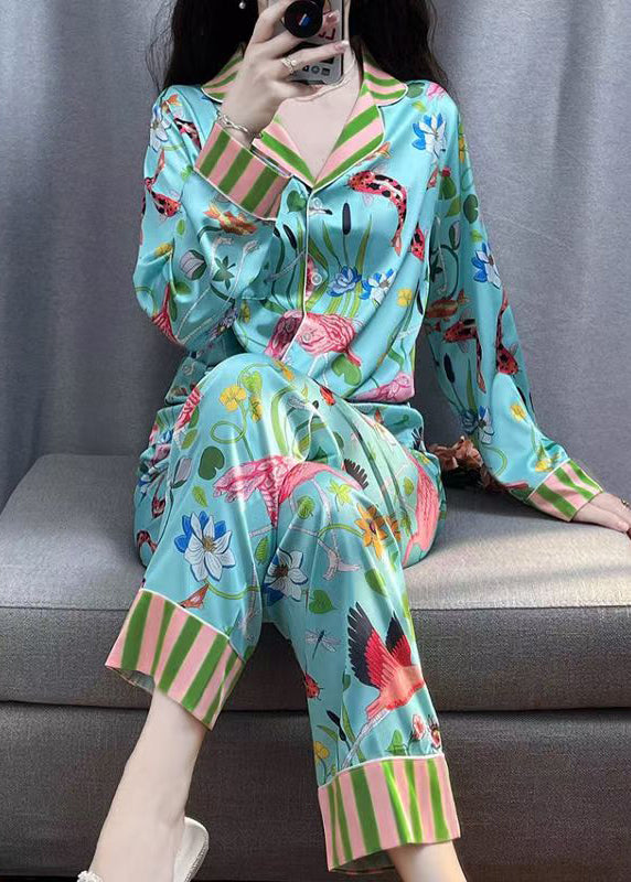 Blue Striped Print Button Ice Silk Pajamas Two Pieces Set Spring