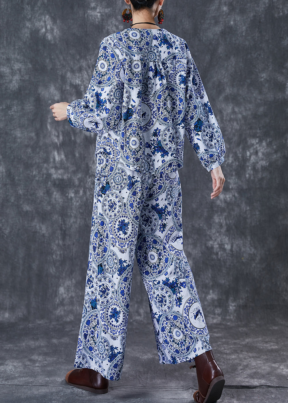 Blue Print Linen Sets 2 Pieces O-neck Fall