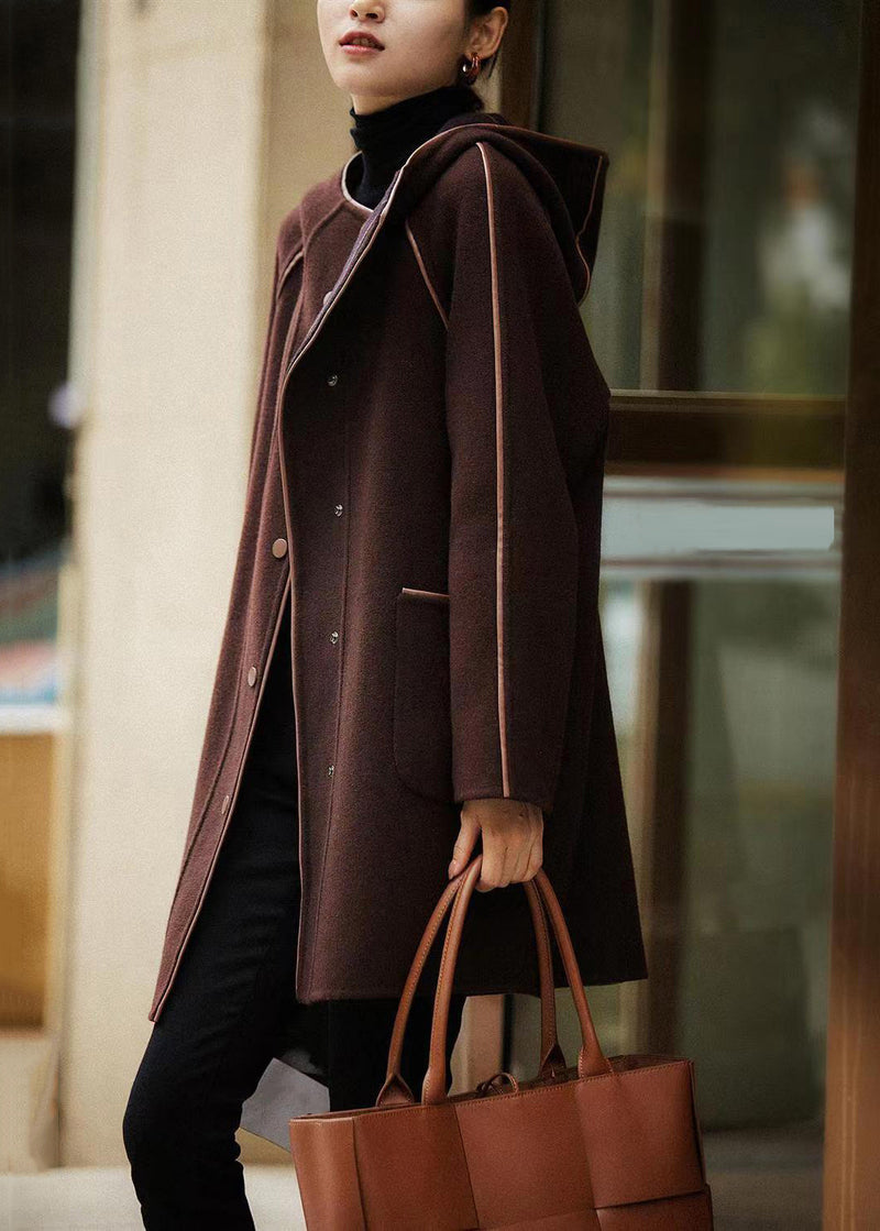 Brown Hooded Button Pockets Woolen Coat Fall