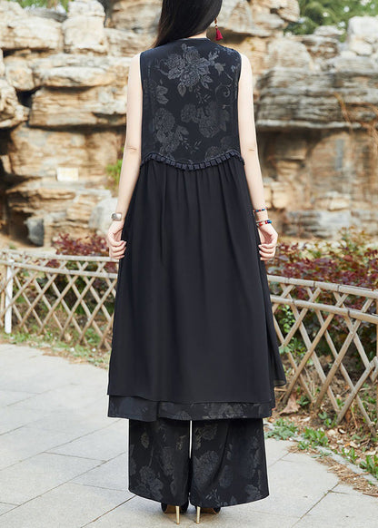 Black Embroideried Chinese Button Patchwork Silk Long Waistcoat Sleeveless