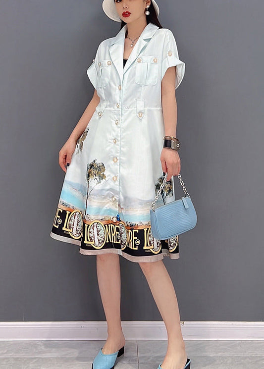 White Button Peter Pan Collar Pockets Print Silk Shirt Dress Short Sleeve