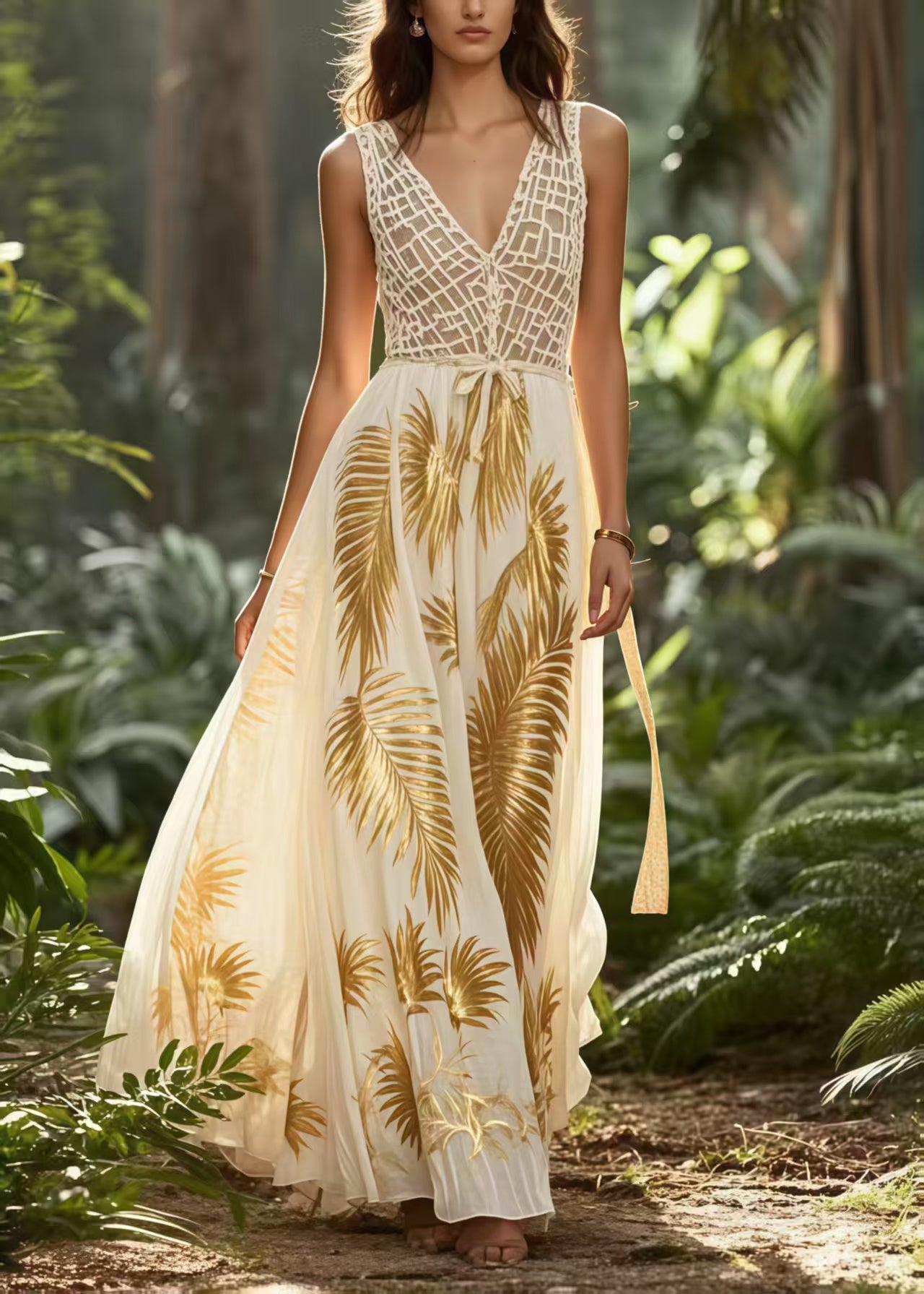 Golden Print Exra Large Hem Chiffon Vestidos Dress Summer