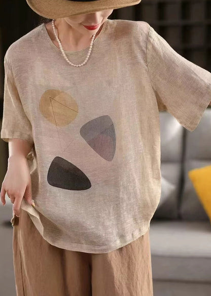 Dark Grey Print Linen Summer Pullover T Shirt O Neck