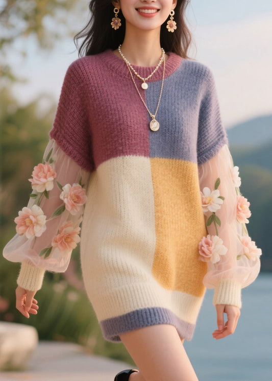 Art Colorblock O Neck Tulle Knitwear Dress Fall
