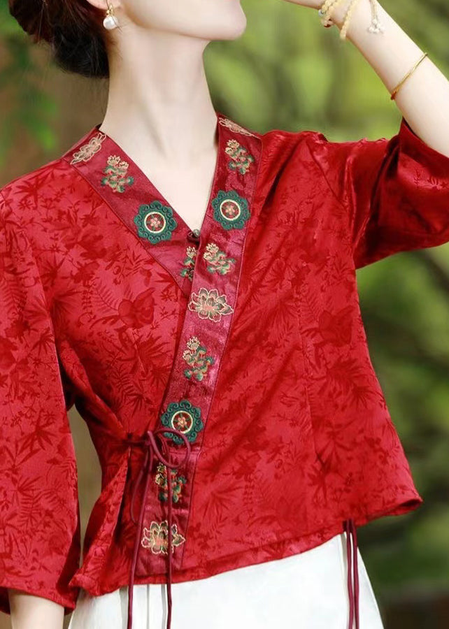 Green Embroideried Lace Up Patchwork Silk Top Summer