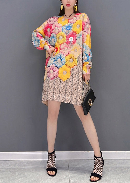 O-neck Print Chiffon Mid Dresses Long Sleeve