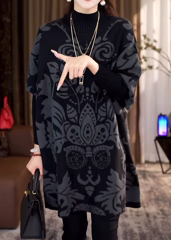 Black Hign Neck Thick Print Knit Sweater Winter