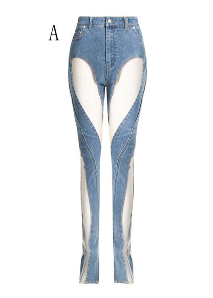 Hollow Out Tulle Patchwork Denim Trousers Fall