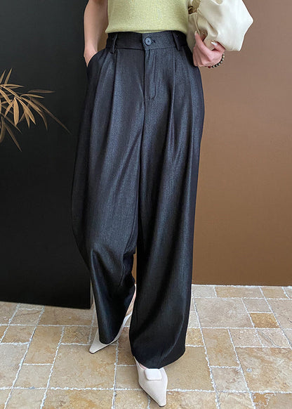 Black Pockets Cotton Wide Leg Pants Summer