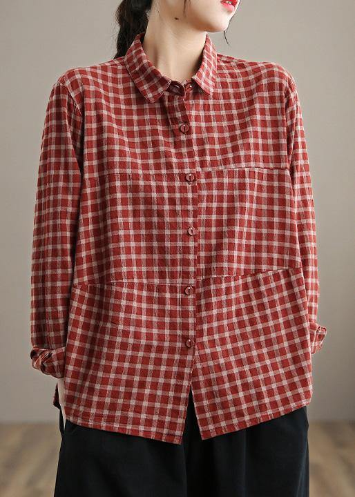 Loose Lapel Patchwork Spring Blouse Sleeve Red Plaid Top