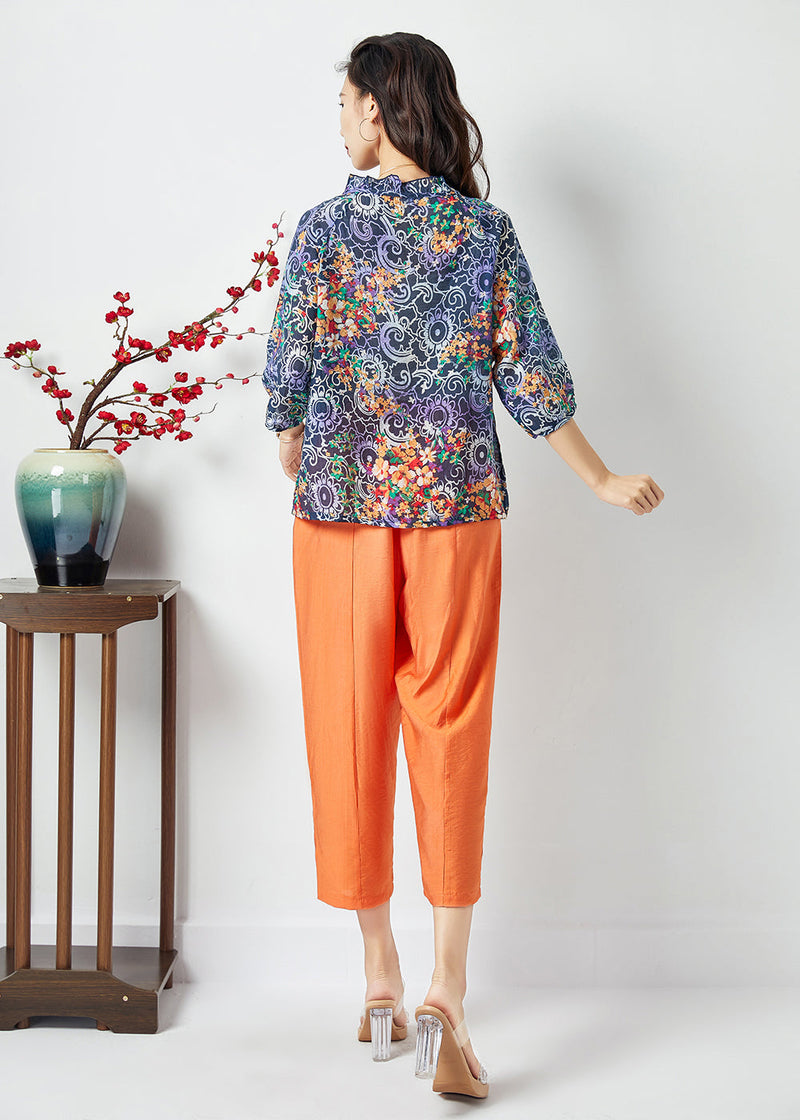 Ruffled Lace Up Print Cotton Tops and Pants Two Pieces Set Summer