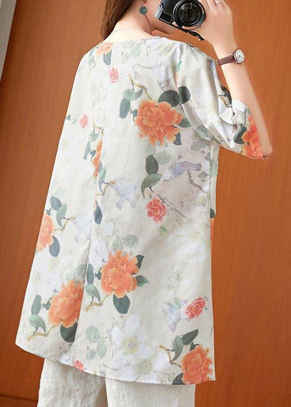 Fine Print Low High Design Oriental Linen Summer Blouse Top