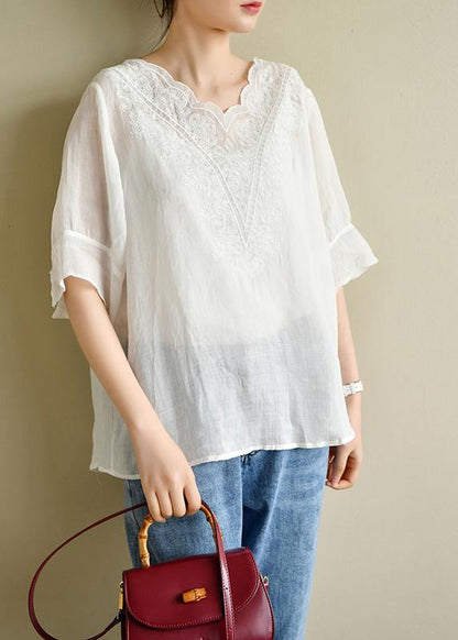 White Lace Linen Short Sleeve Blouses