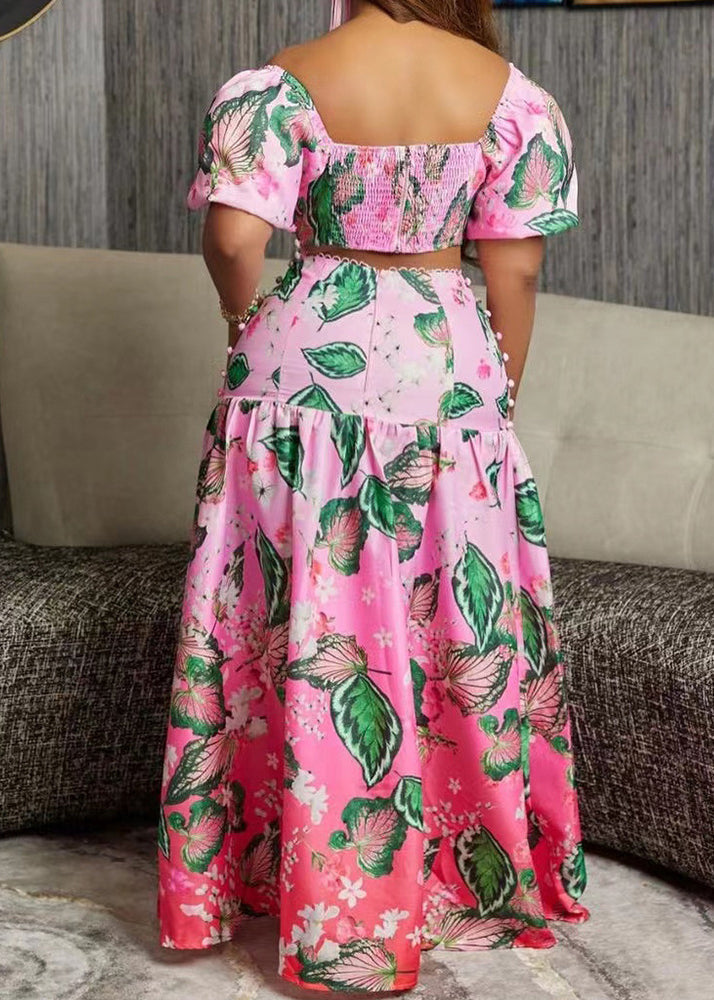 New Pink Gradient Color Print Tops and Skirts Cotton Two Pieces Set Summer