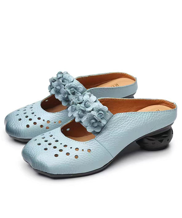 Retro Blue Cowhide Leather Splicing Slide Sandals