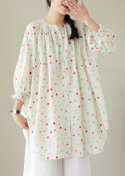 Beige O Neck Print Wrinkled Cotton Shirt Tops Summer