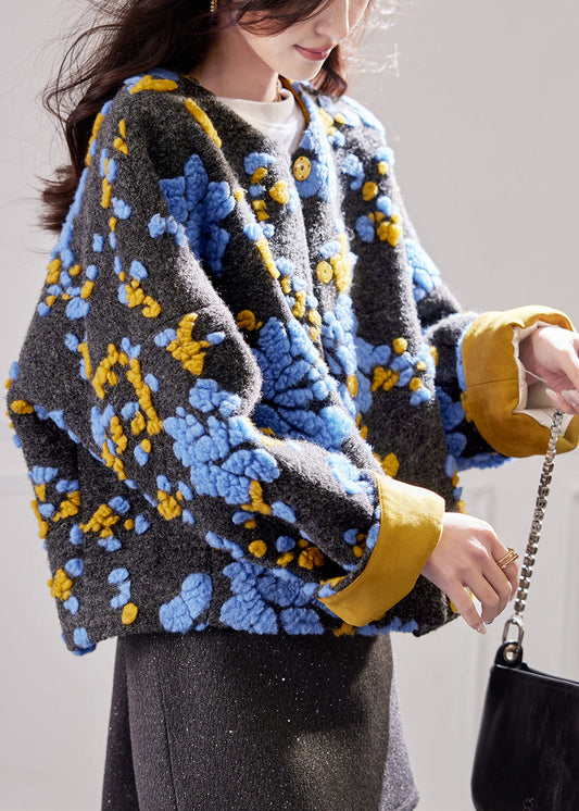 Blue Embroidered Button Duck Down Woolen Coat Winte