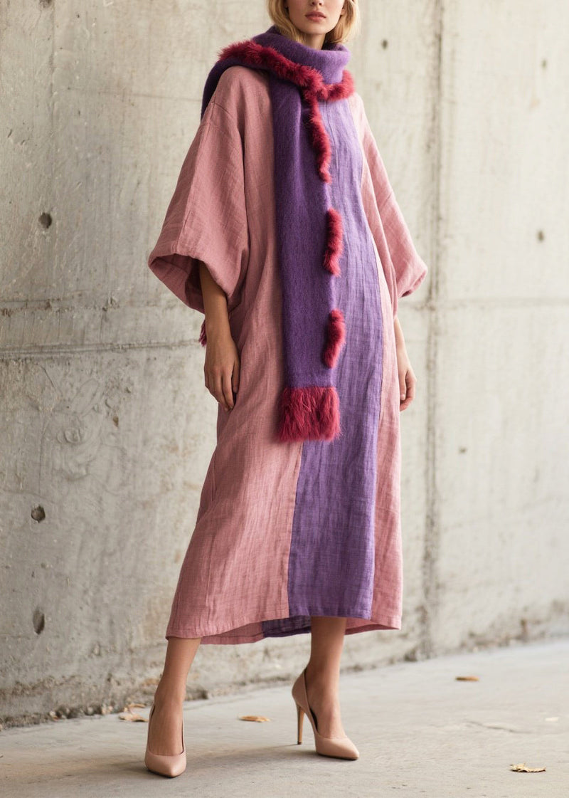 Pink Oversized Patchwork Cotton Robe Dresses Lantern Sleeve