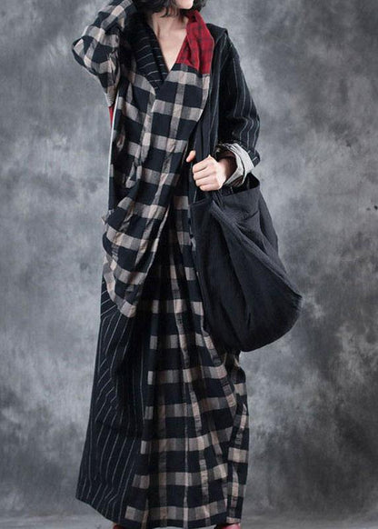 Classy Colorblock Plaid V Neck Pockets Holiday Dress Fall Long Sleeve