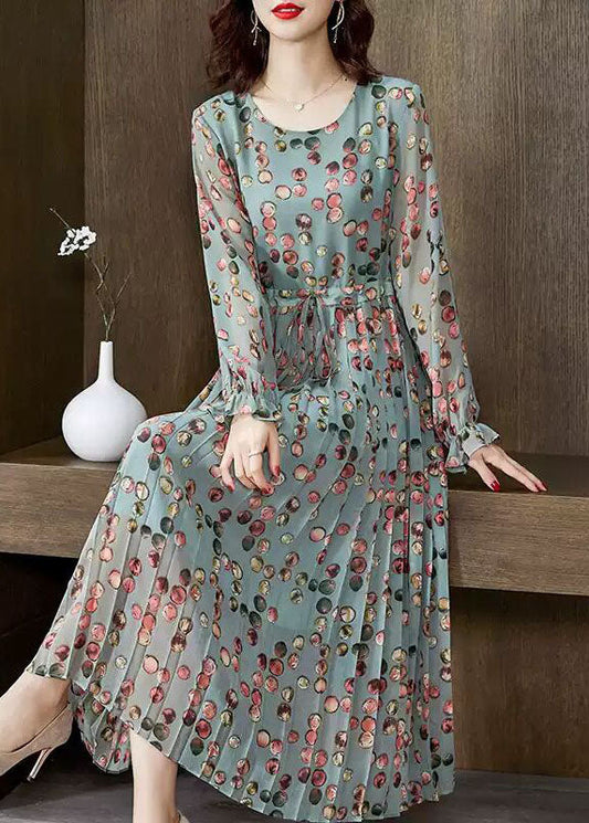 Green O-neck Tie Waist Wrinkled Chiffon Maxi Dresses Spring