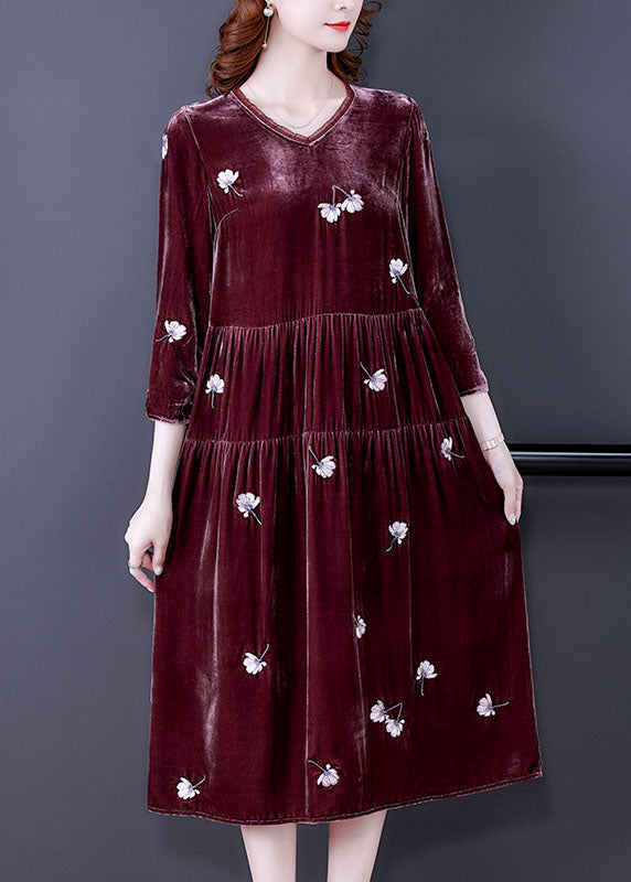 Stylish Bean Paste Red V Neck Embroideried Velour Dresses Spring