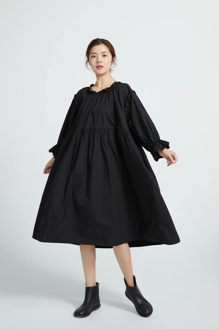 Loose Black Cotton Tunics High Waist Loose Dress
