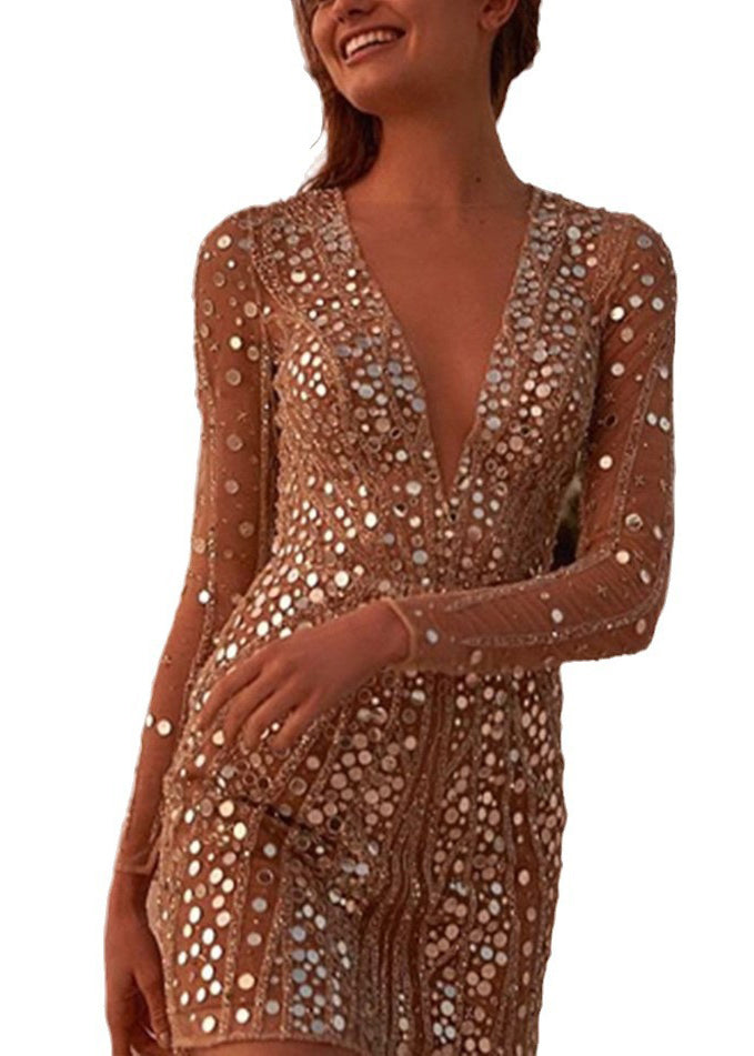 V Neck Sequins Short Party Dresses Fall