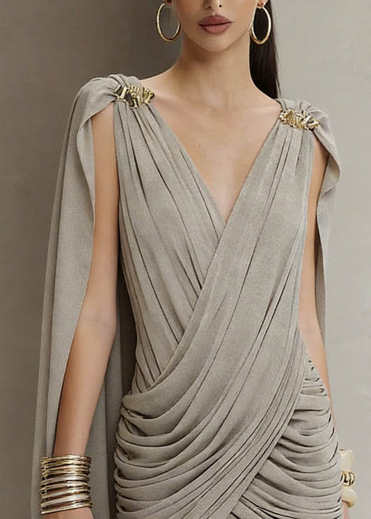 Dinner Grey V Neck Wrinkled Mid Dress Spring