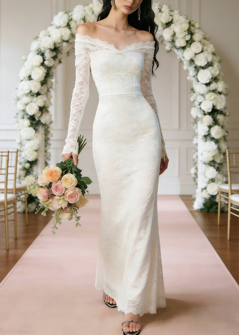 Slim Fit White Slash Neck High Waist Long Dresses Spring