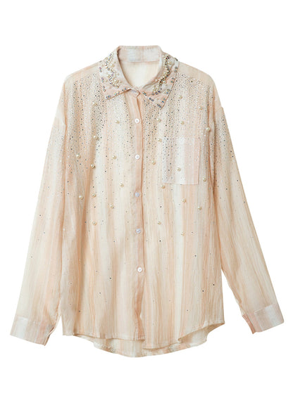 Orange Peter Pan Collar Nail Bead Zircon Chiffon Shirts Fall