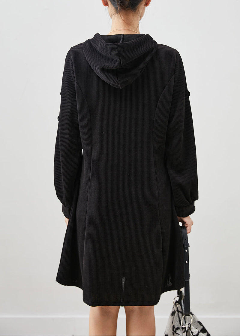 Black Embroideried Chinese Button Corduroy Dress Spring