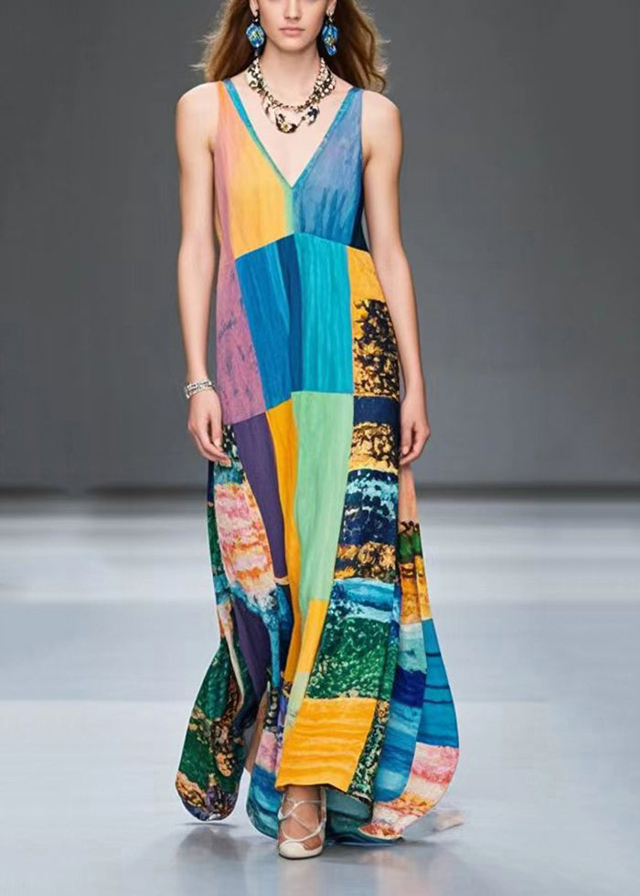 Colorblock V Neck Patchwork Chiffon Robe Dresses Summer